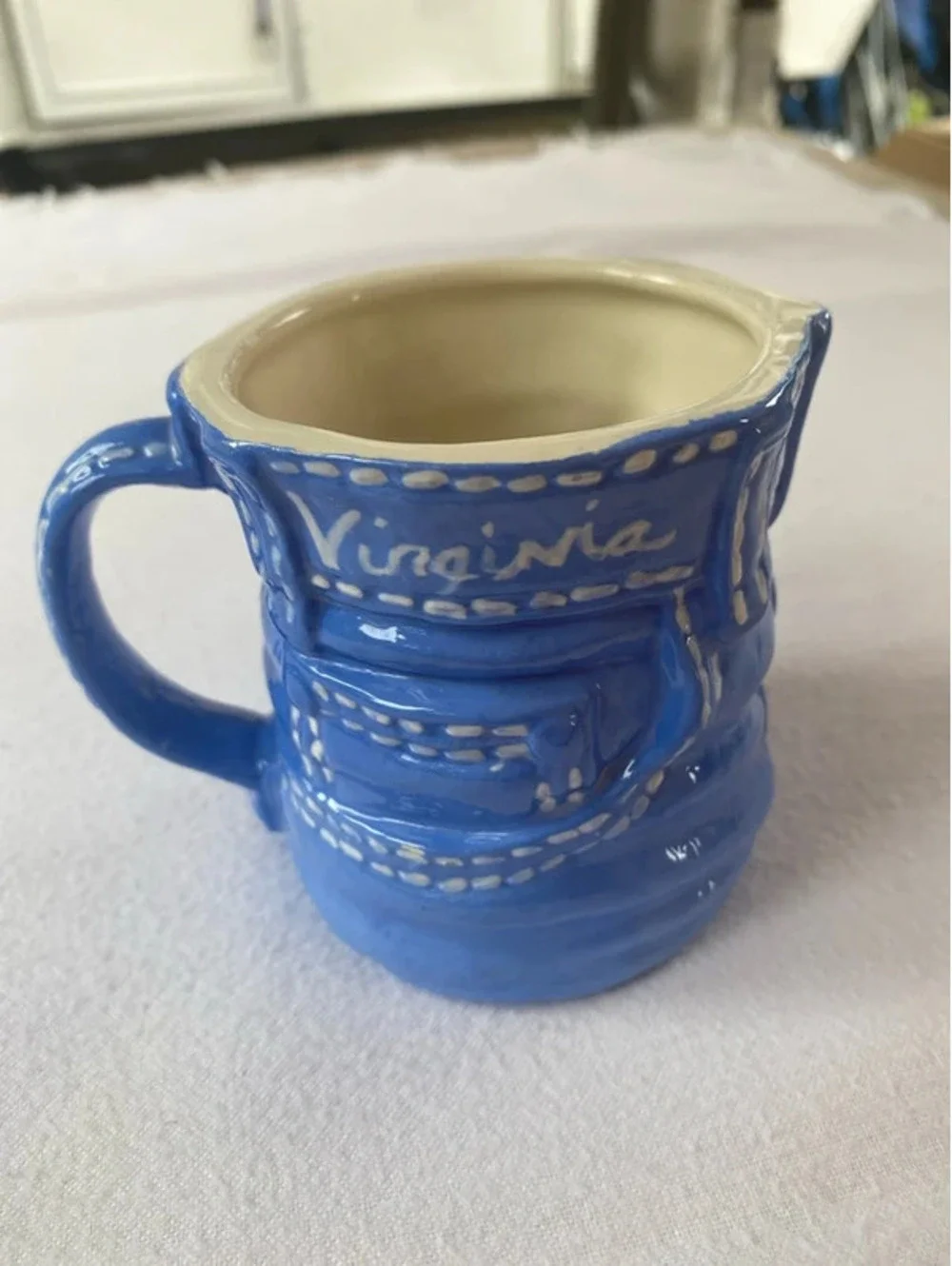 Vintage Blue Denim Creamer Ceramic W/ Virginia on Cup